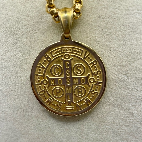 Gold Tone Saint Benedict Pendant Necklace. For Spiritual Protection. 24 inches - Picture 2 of 5